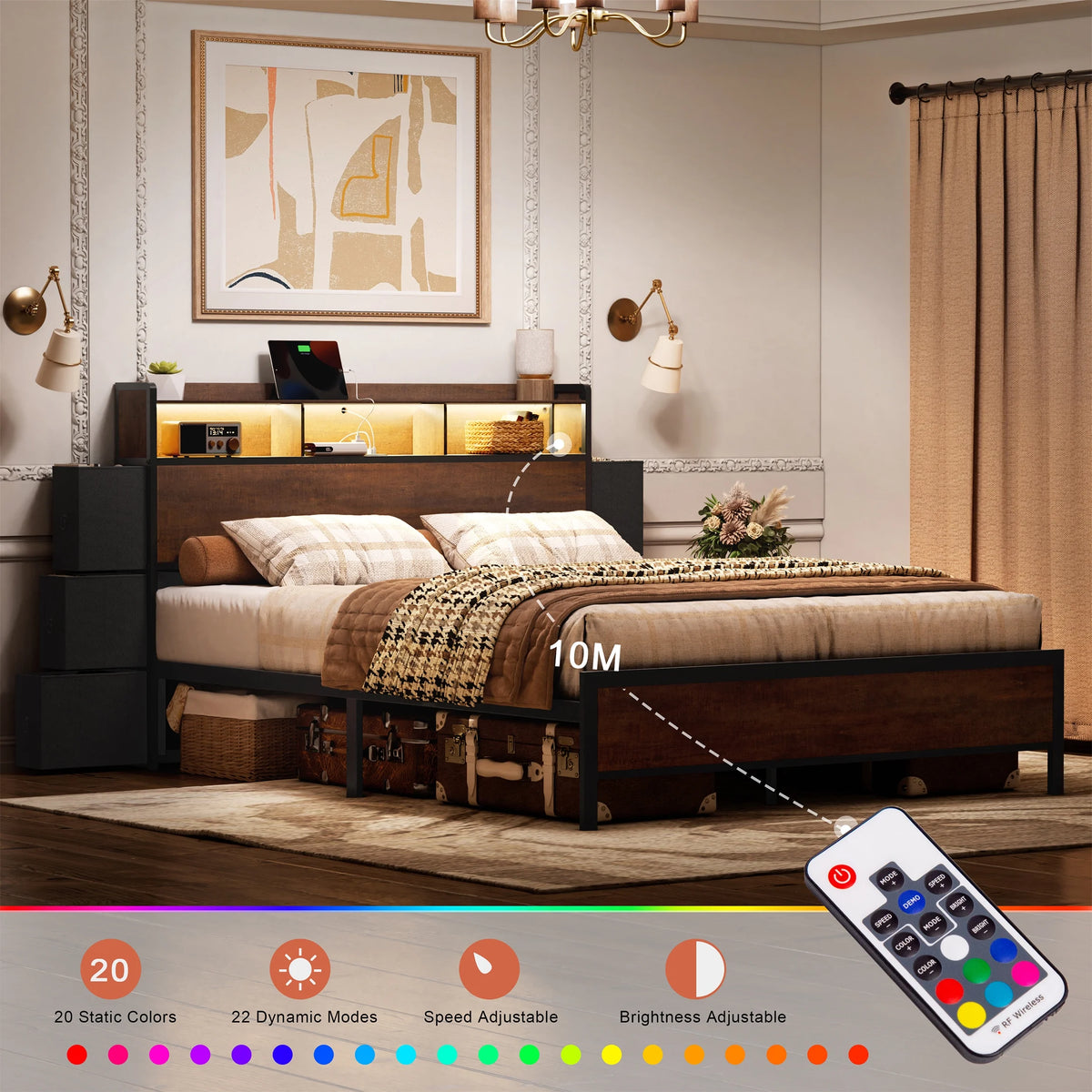 Queen Bed Frame with 6 Drawers Storage Headboard LED USB Ports & Outlets L576