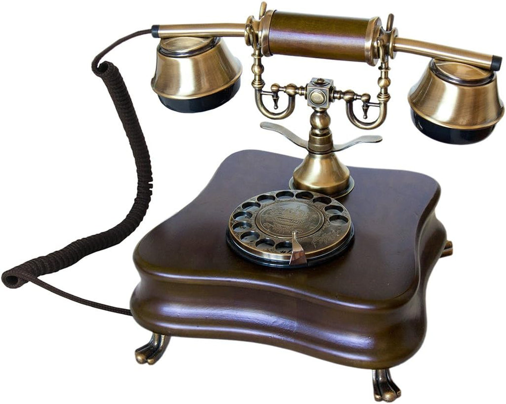 Real Wood Retro Telephone with Vintage Rotary Dial and Metal Bell G1750