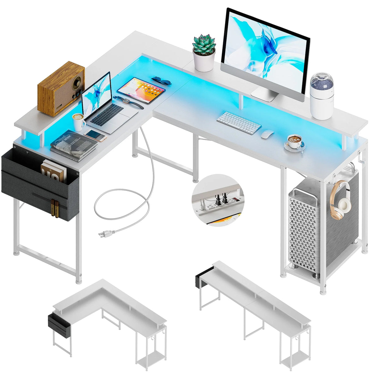 95” L-Shaped Computer Desk with LED Light and Power Outlet, Black F66282