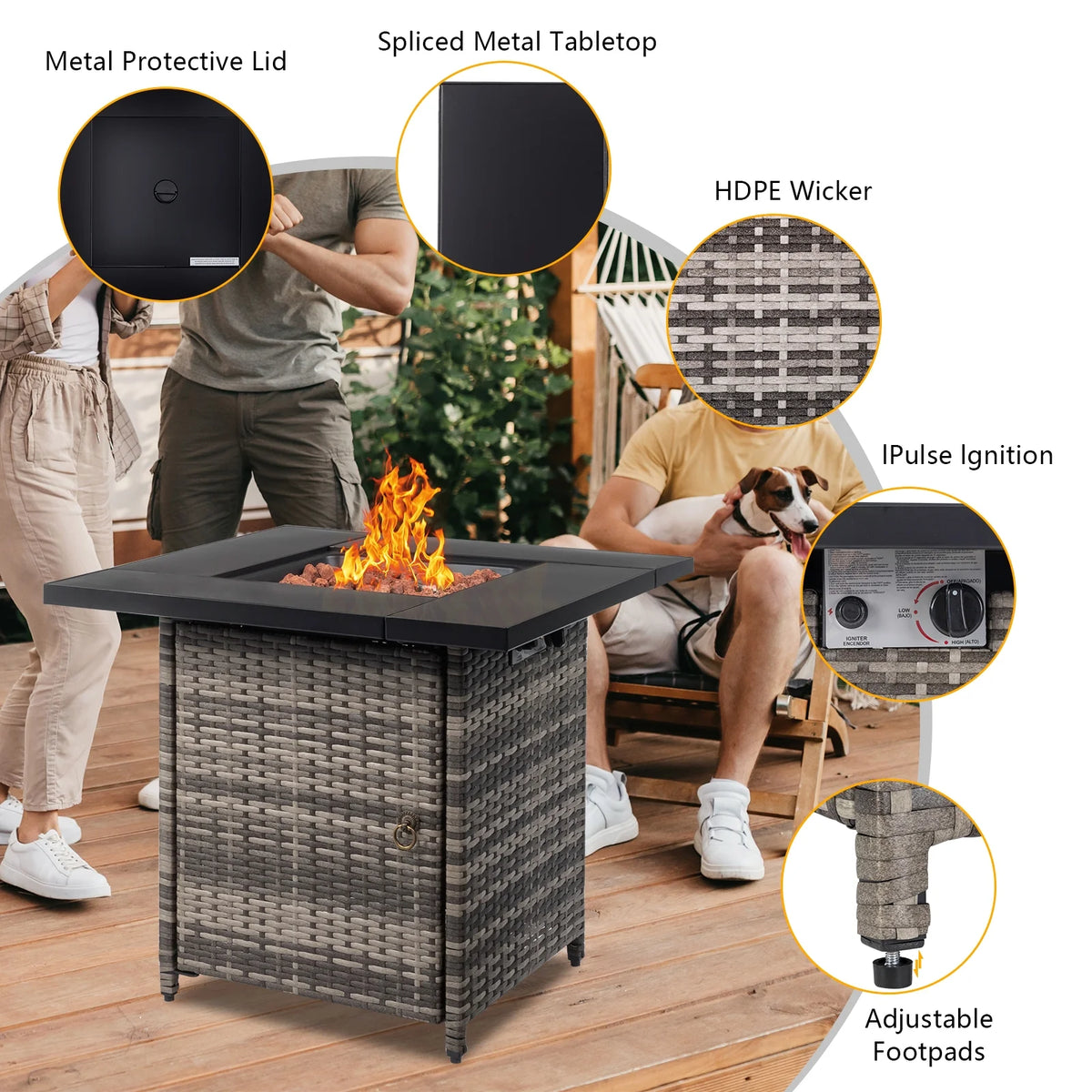 28 Gas Outdoor Fire Pit Table 50,000 BTU Auto-Ignition Propane Wicker Gray M686858