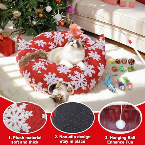 Red Snowflake Cat Tunnel with Washable Mat & 11Pcs Cat Toys V2998