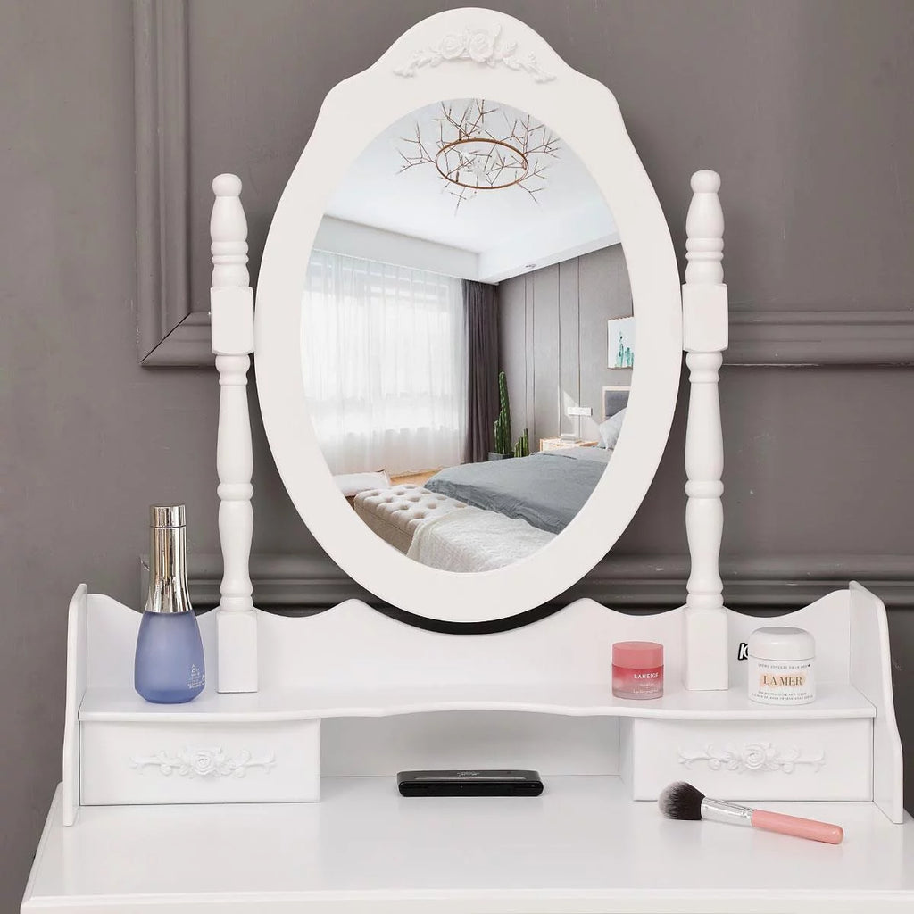 White Vanity Table and Stool Set with 4 Drawers & Mirror O759582