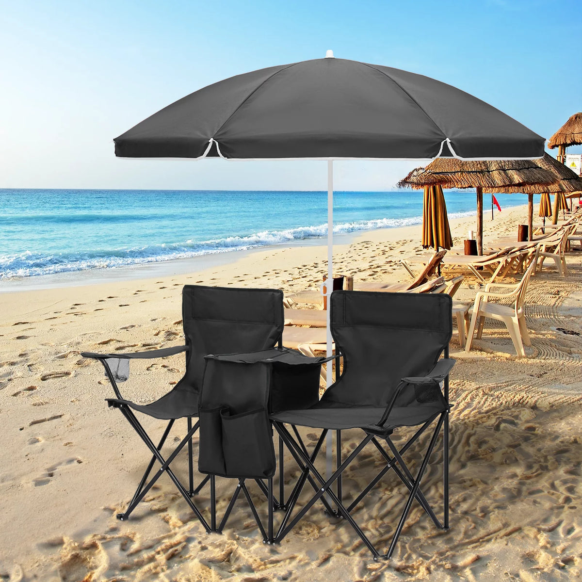 Portable Double Folding Chair with Umbrella, Cooler Bag & Carry Bag, Black H695