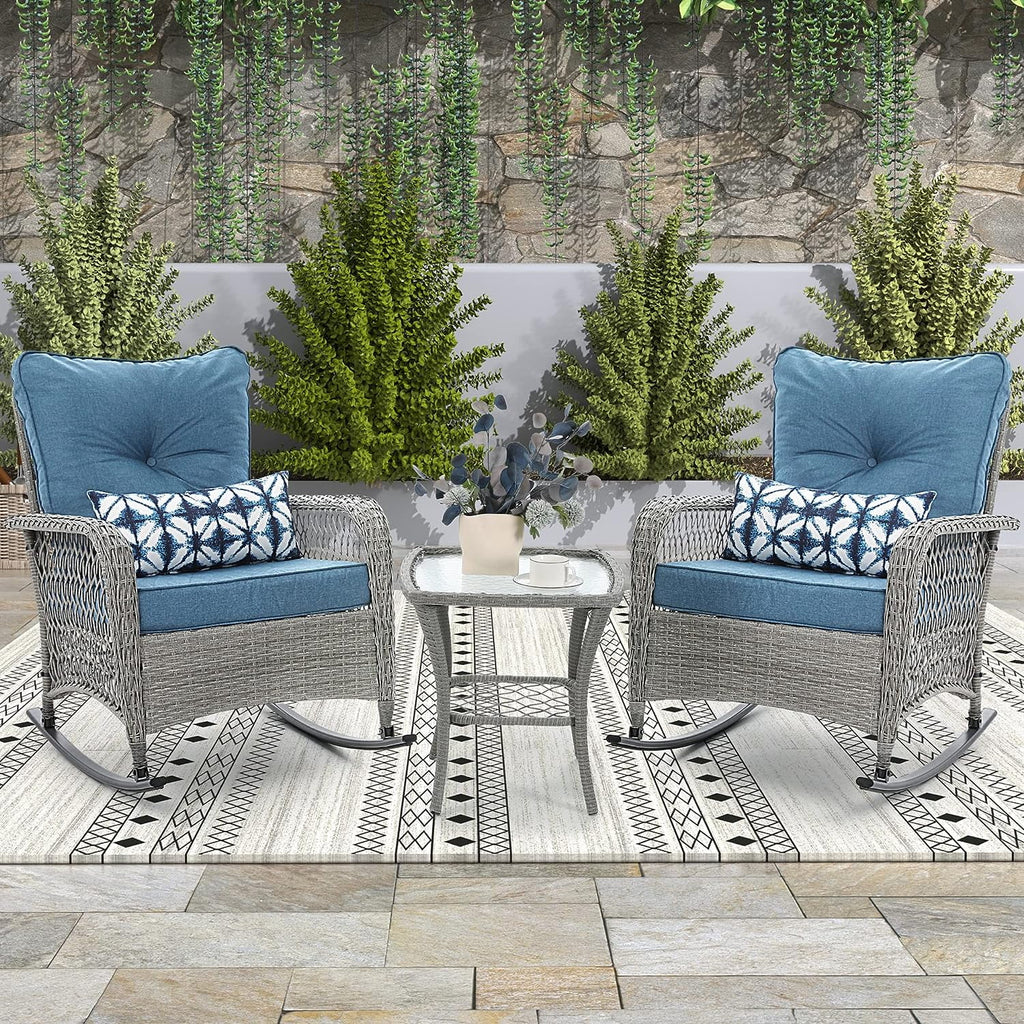 3 Piece Rattan Outdoor Rocking Bistro Set with Cushions E498261