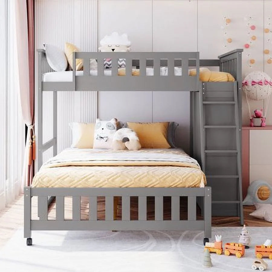 Twin Over Full Wooden Bunk Bed with 6 Storage Drawers and 3 Shelves, Gray I2341