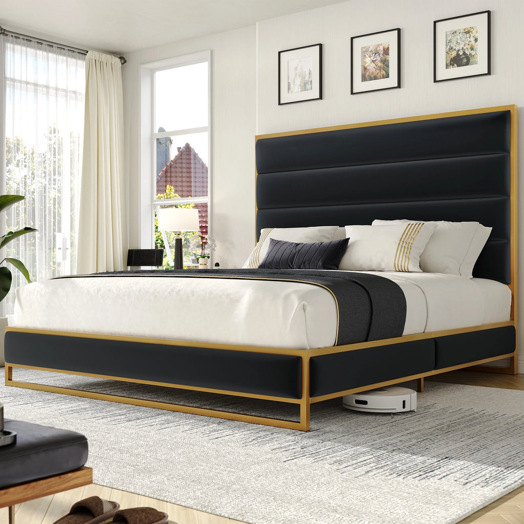Queen Size Black Velvet Upholstered Platform Bed S64284