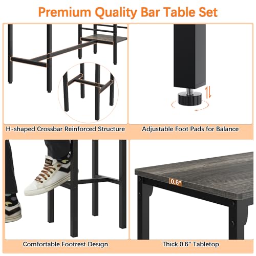 Bar Table and Chairs Set for 2 with 3 Storage Shelves and Wine Rack, Gray R594