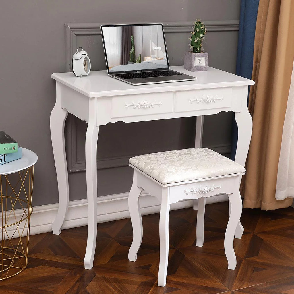 White Vanity Table and Stool Set with 4 Drawers & Mirror O759582