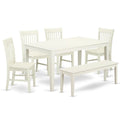 6 Piece White Wood Dining Table Set with Bench K46714