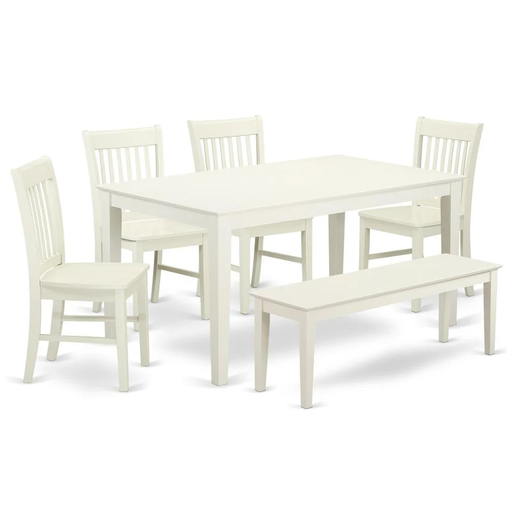 6 Piece White Wood Dining Table Set with Bench K46714