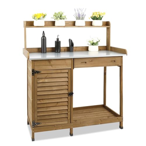 Wooden Potting Bench with Metal Table Top, Drawer and Shelf Q718461