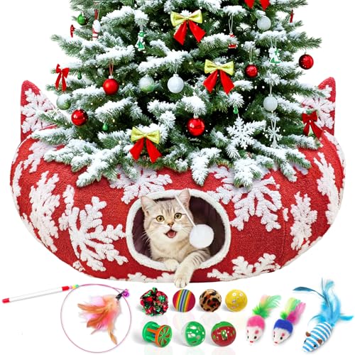 Red Snowflake Cat Tunnel with Washable Mat & 11Pcs Cat Toys V2998