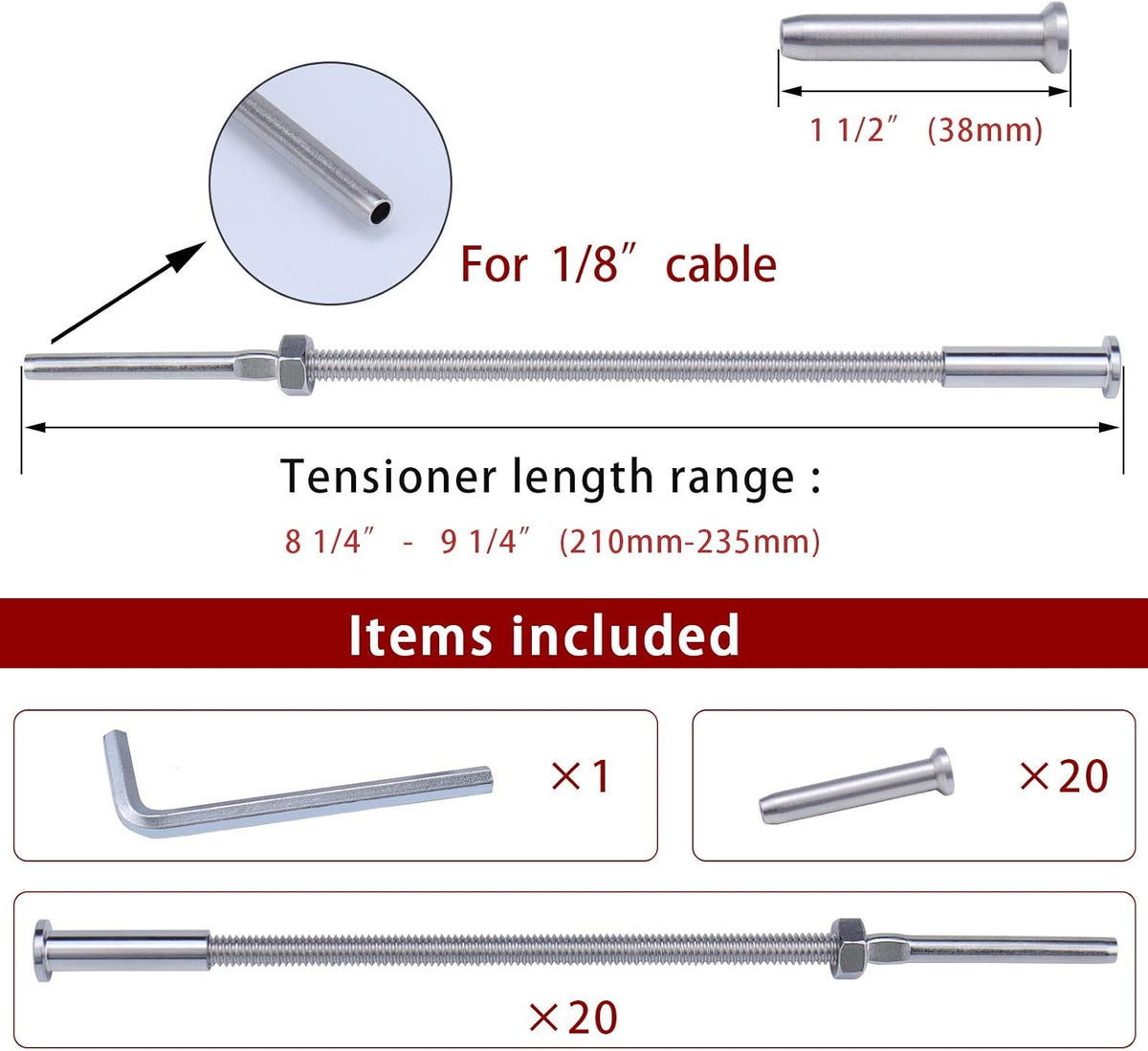 20 Pack Cable Railing Kit 1/8 T316 Stainless Steel Hardware N443