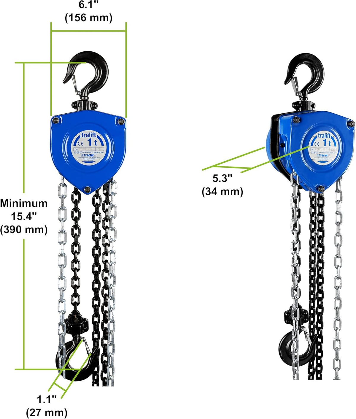 Heavy Duty Manual Chain Hoist 1 Ton 40 ft Lift Steel Chain T986009