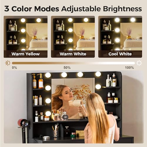 White Vanity Desk with Lighted Mirror and Power Outlet D878749