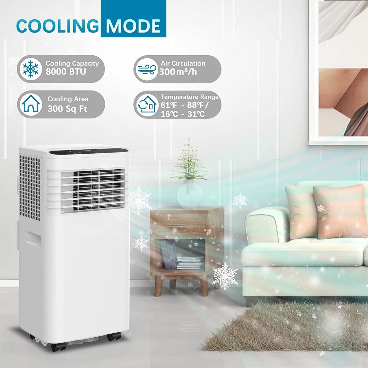 8,000 BTU Portable Air Conditioner with Remote and Window Kit, White O764