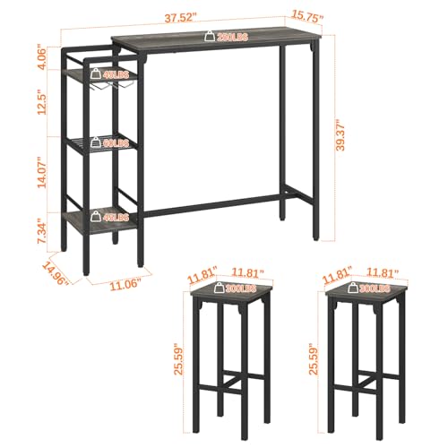 Bar Table and Chairs Set for 2 with 3 Storage Shelves and Wine Rack, Gray R594