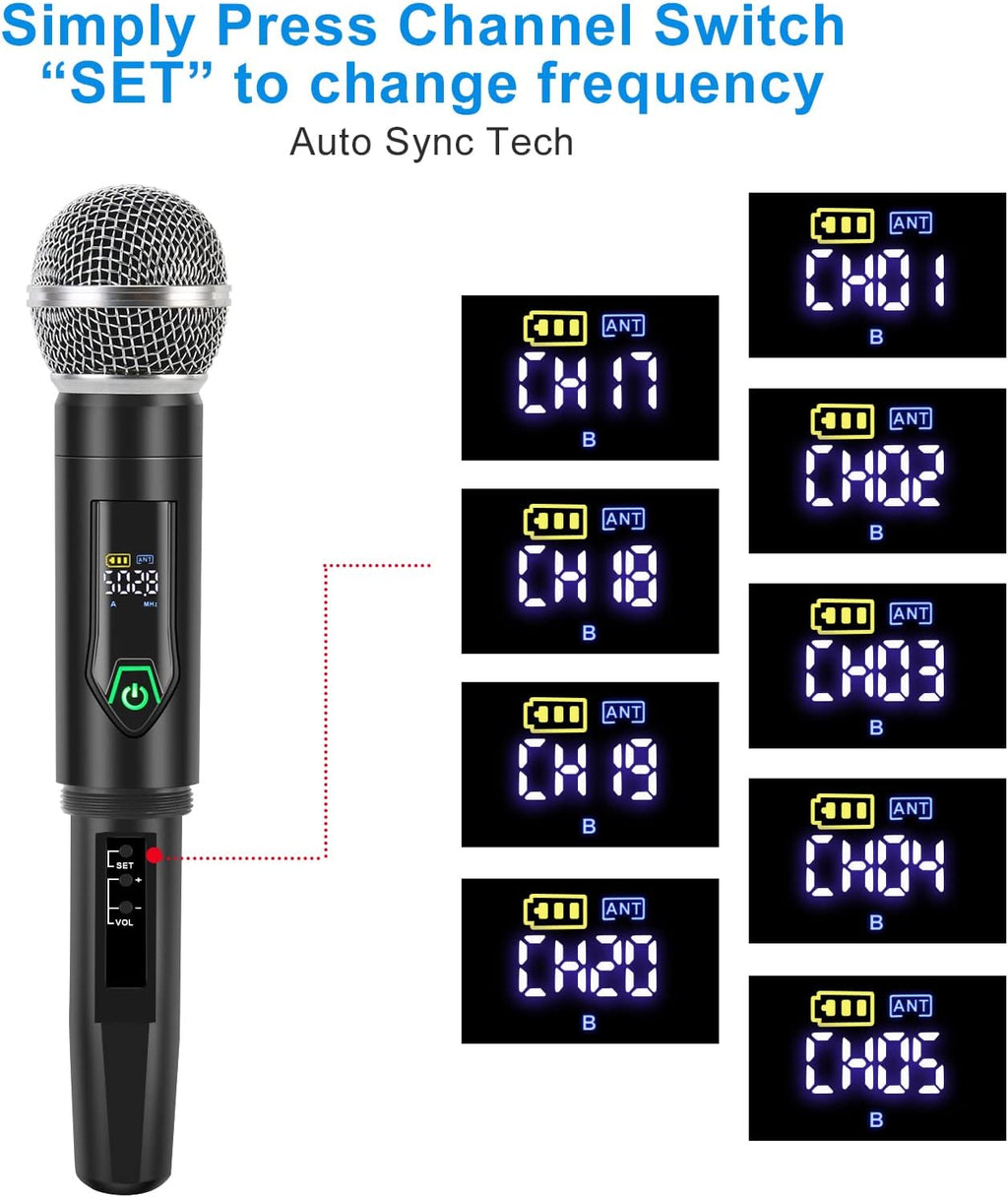 Wireless Microphone System Metal UHF Dual Handheld 20 Channels R5117