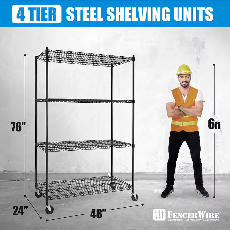 Black 4-Tier Metal Storage Shelving Unit with Casters V97045