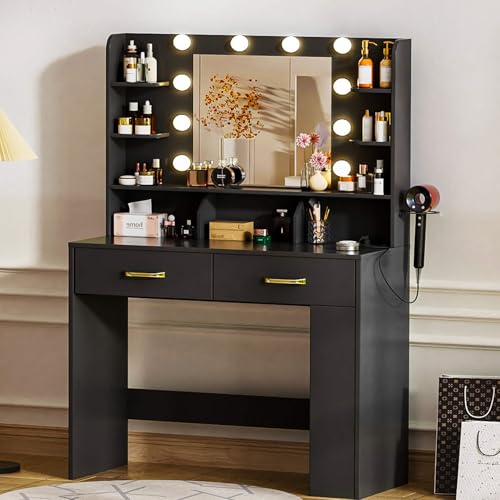 White Vanity Desk with Lighted Mirror and Power Outlet D878749