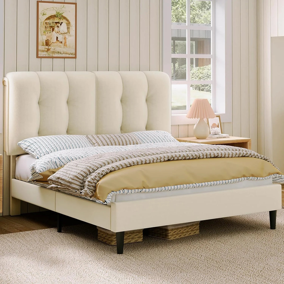 Queen Velvet Upholstered Platform Bed with Adjustable Headboard R3804