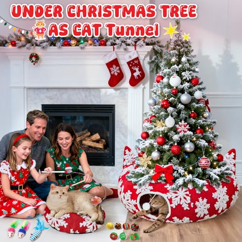 Red Snowflake Cat Tunnel with Washable Mat & 11Pcs Cat Toys V2998