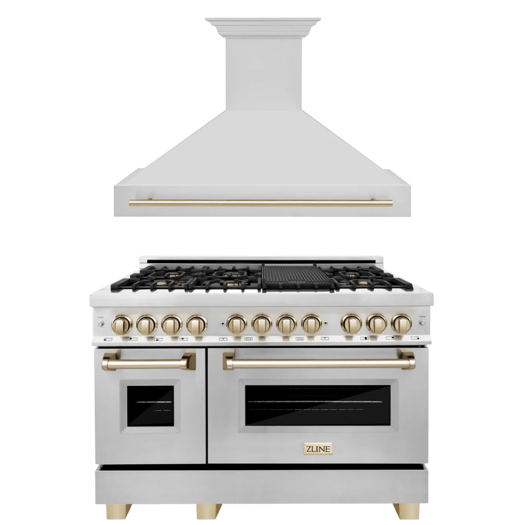 48 In. Dual Fuel Range and Range Hood in Stainless Steel with Gold Accents U990045
