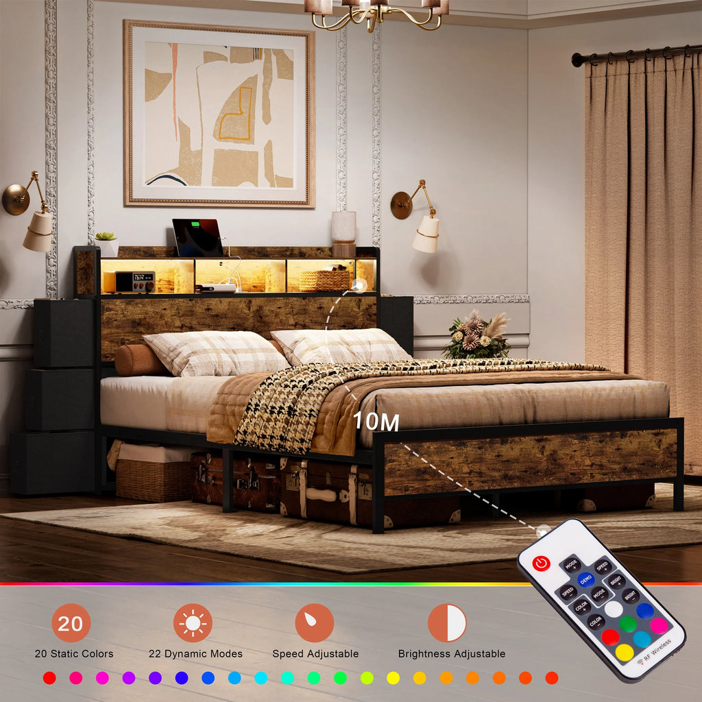 Queen Bed Frame with 6 Drawers Storage Headboard LED USB Ports & Outlets L576