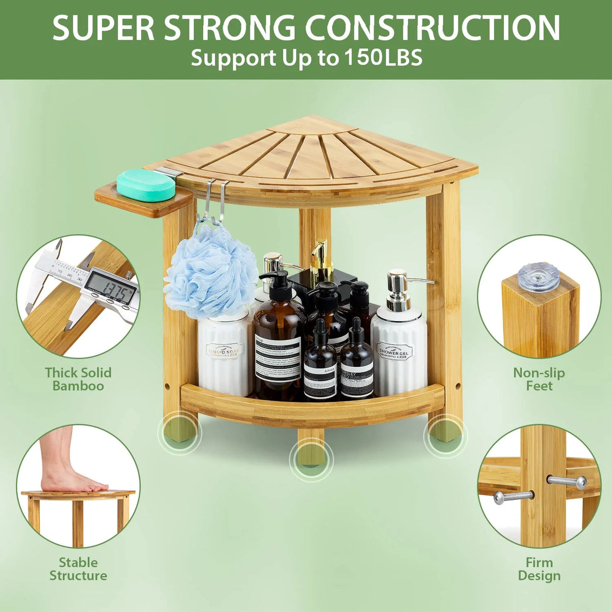 Bamboo Corner Shower Stool with Storage Shelf and Soap Dish E87719