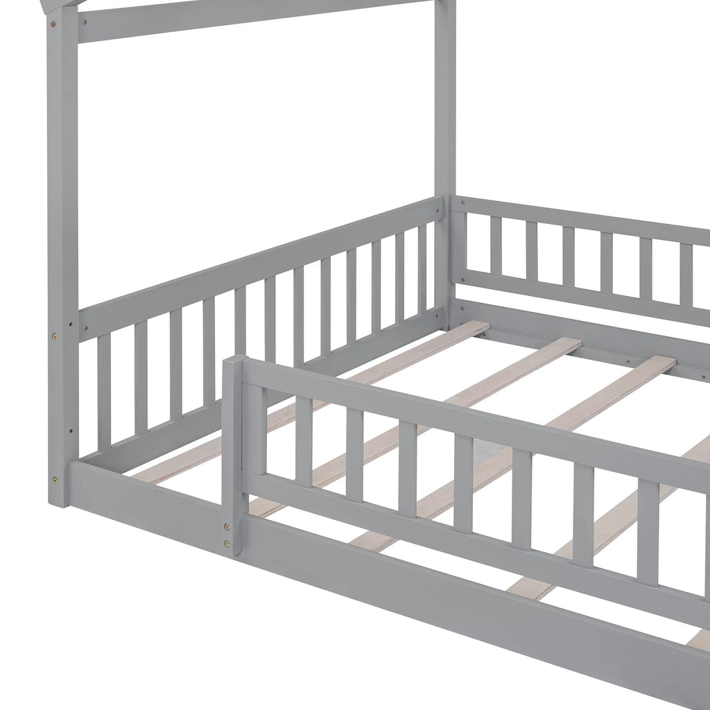 Full Size Wood Floor Bed Frame with Fence Guardrails and House Roof M743