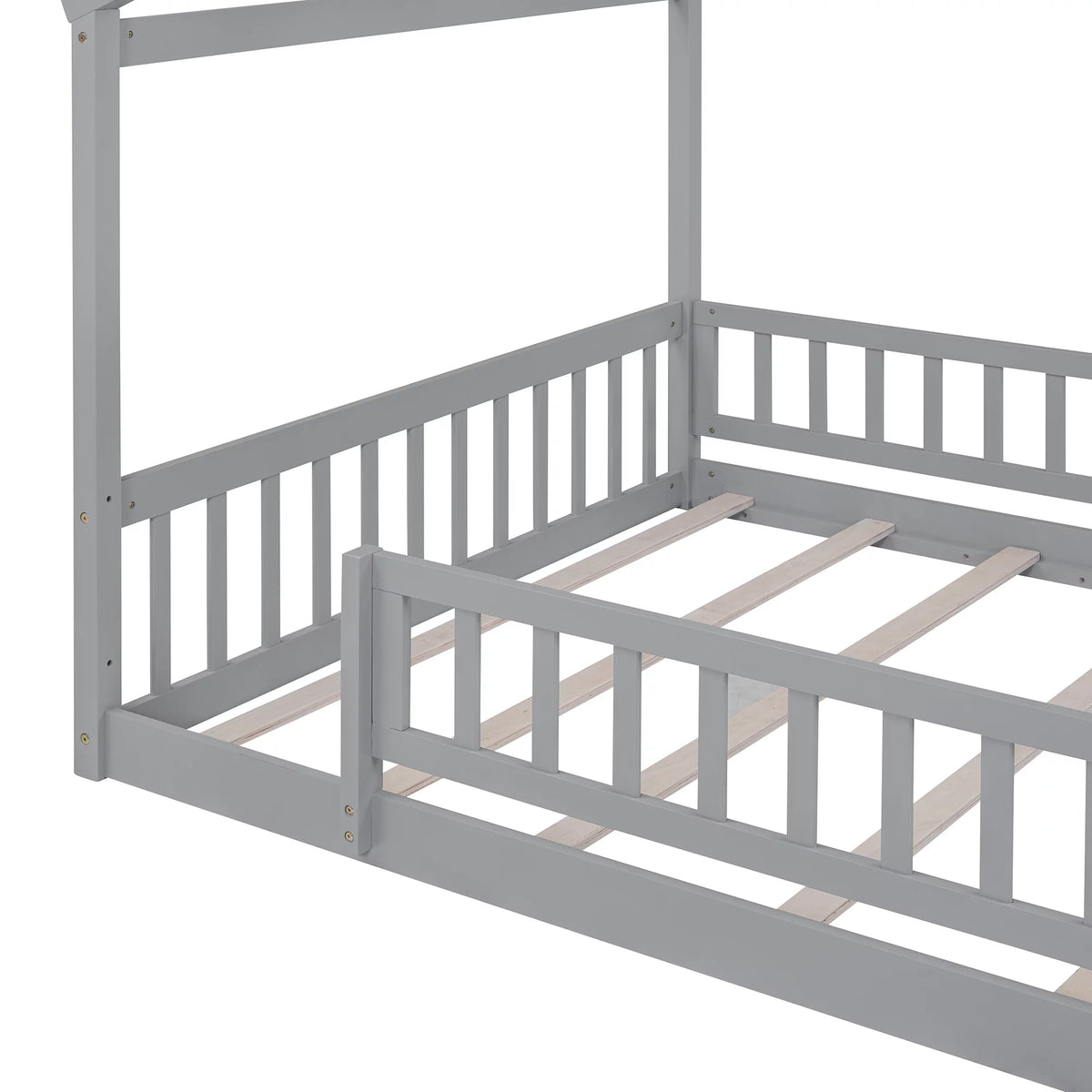 Full Size Wood Floor Bed Frame with Fence Guardrails and House Roof M743