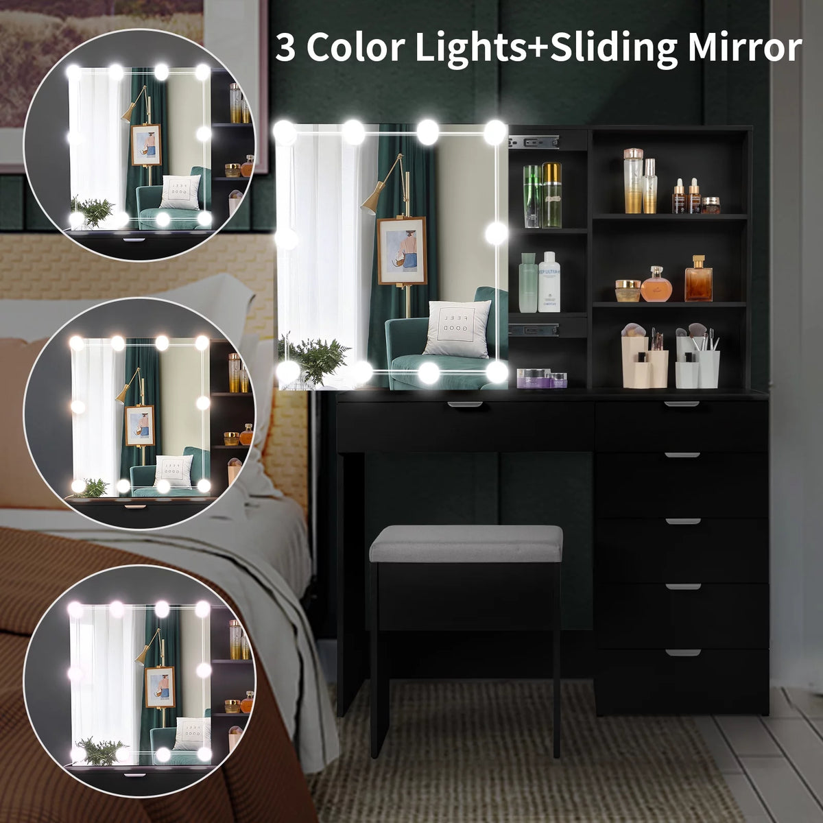 White Makeup Vanity Table Set with Sliding Mirror A7550