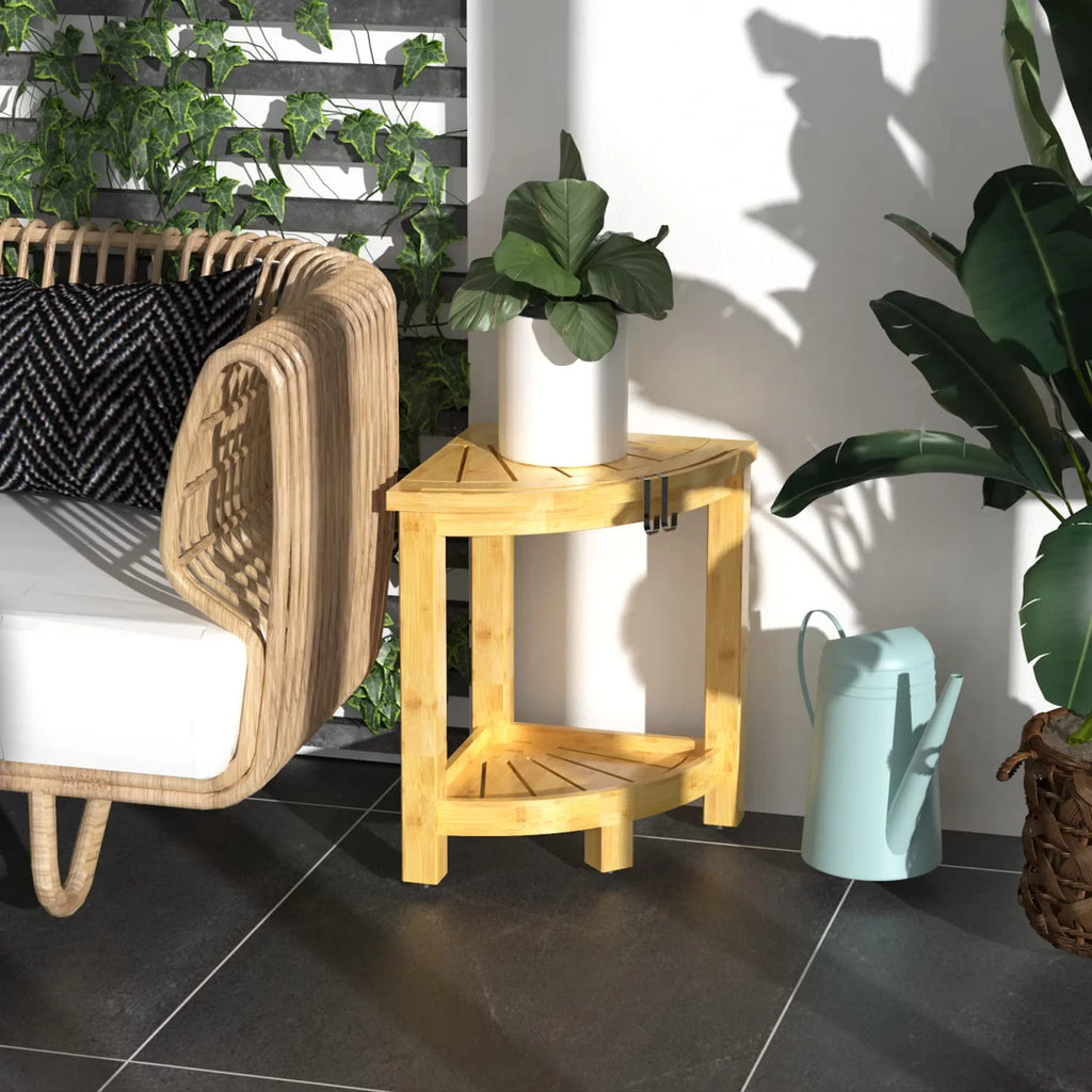 Bamboo Corner Shower Stool with Storage Shelf and Soap Dish E87719