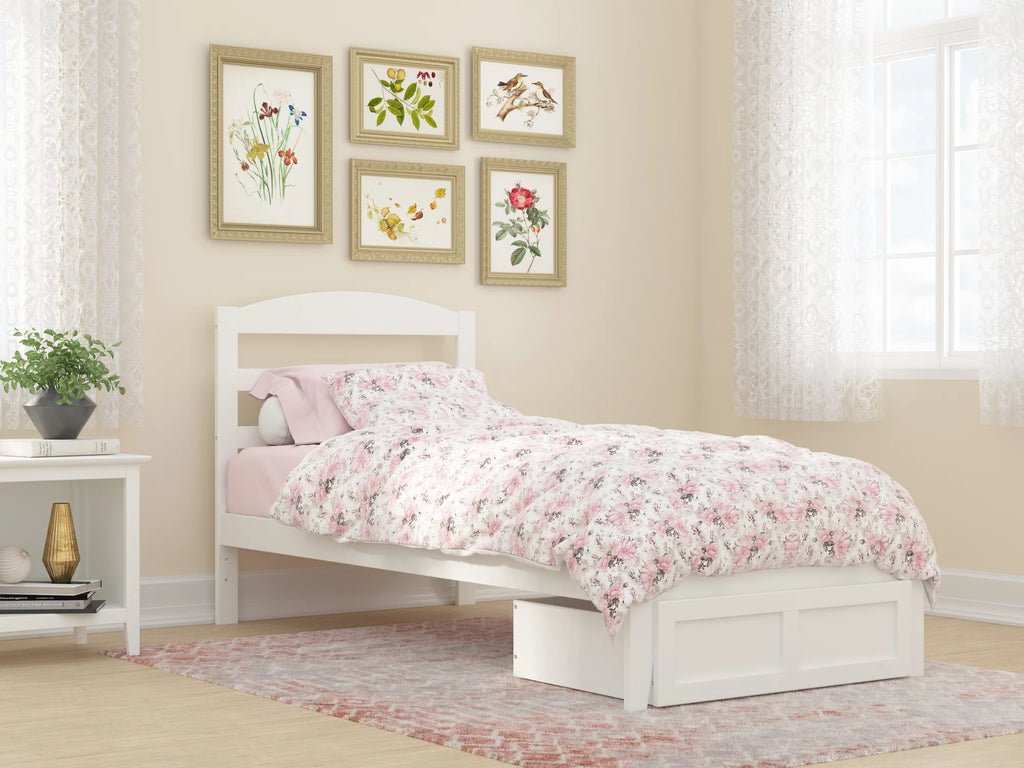 White Twin XL Wood Platform Bed Frame with Foot Drawer Storage H297883