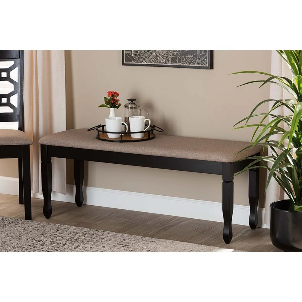 Sand Fabric Upholstered Dark Brown Wood Dining Bench A162