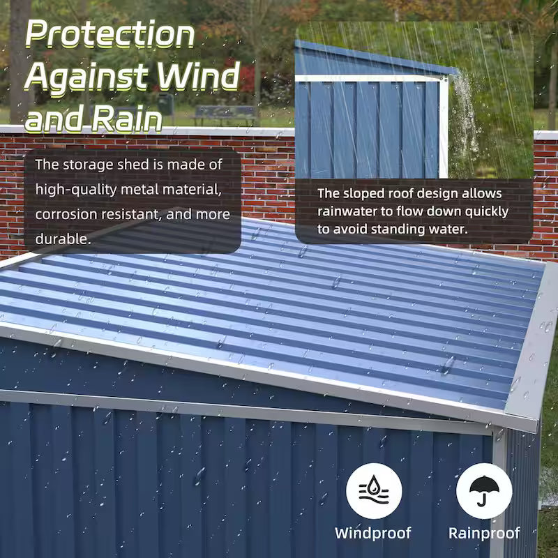 Metal Garden Storage Shed with Sloping Roof in Blue J52635