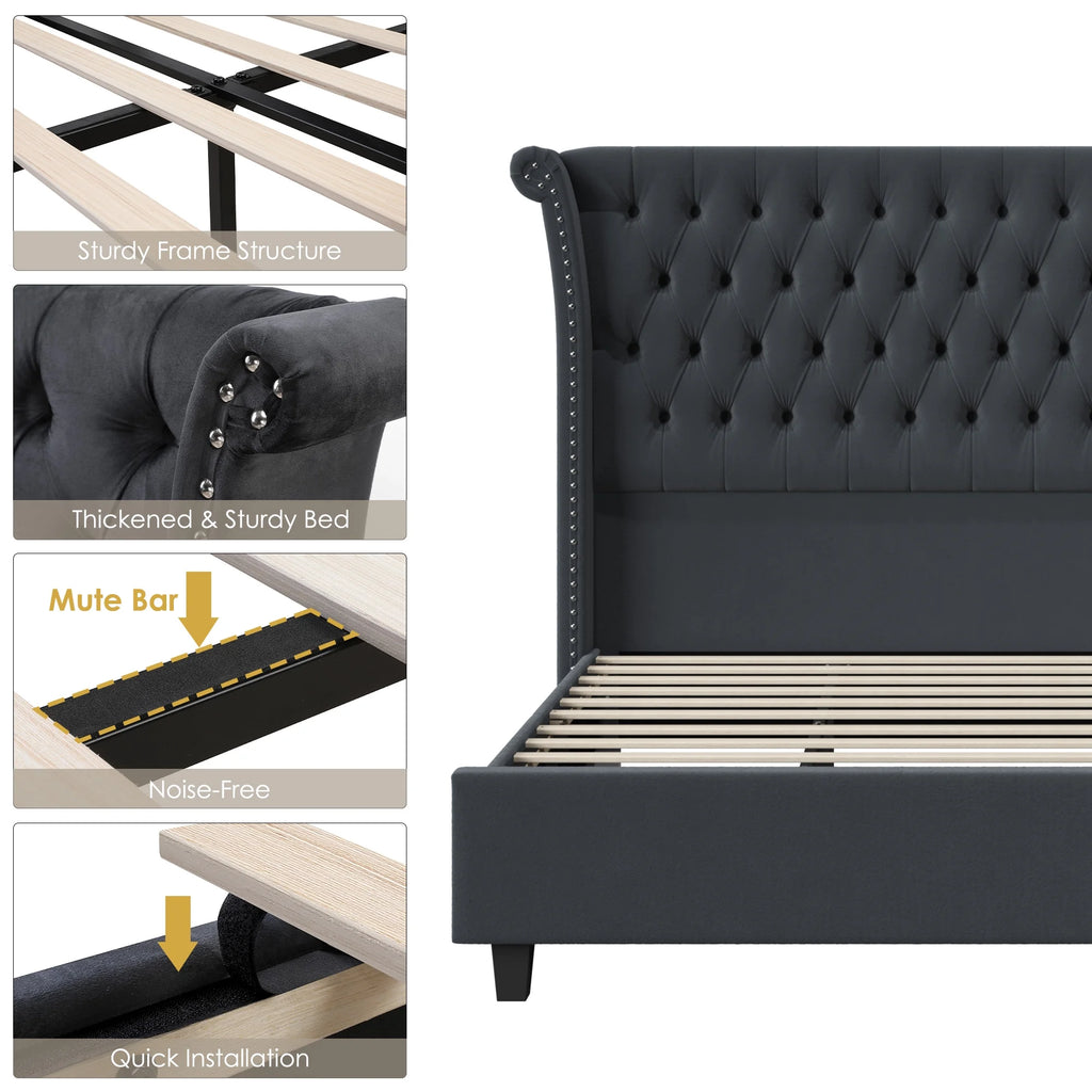 King Size White Velvet Tufted Upholstered Platform Bed W874