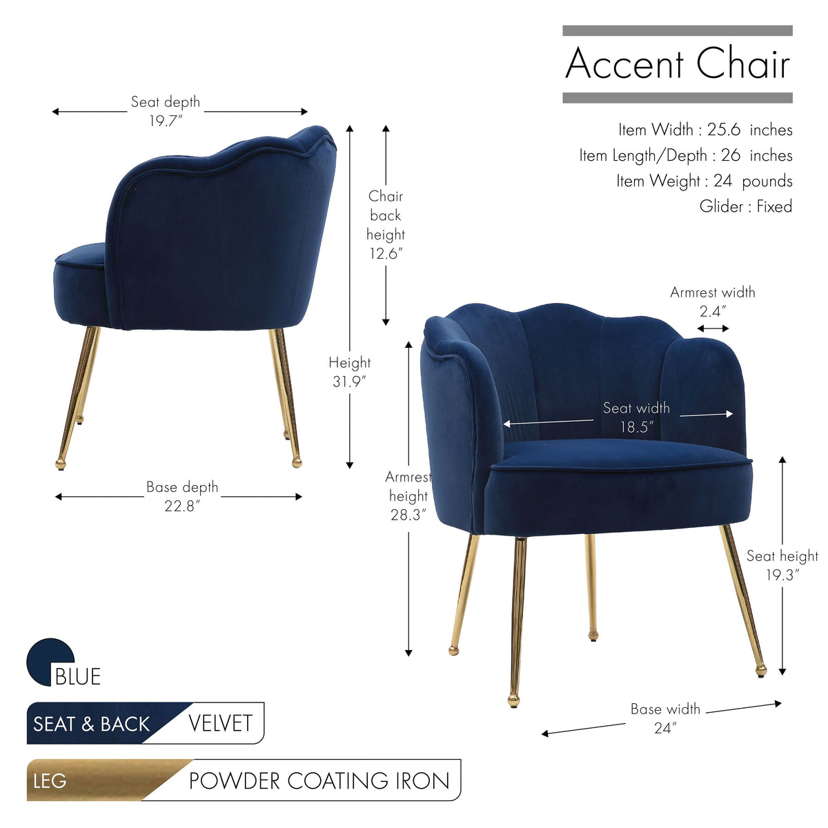 Blue Velvet Accent Chair with Gold Metal Legs J126694