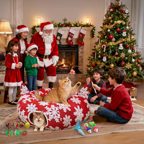 Red Snowflake Cat Tunnel with Washable Mat & 11Pcs Cat Toys V2998