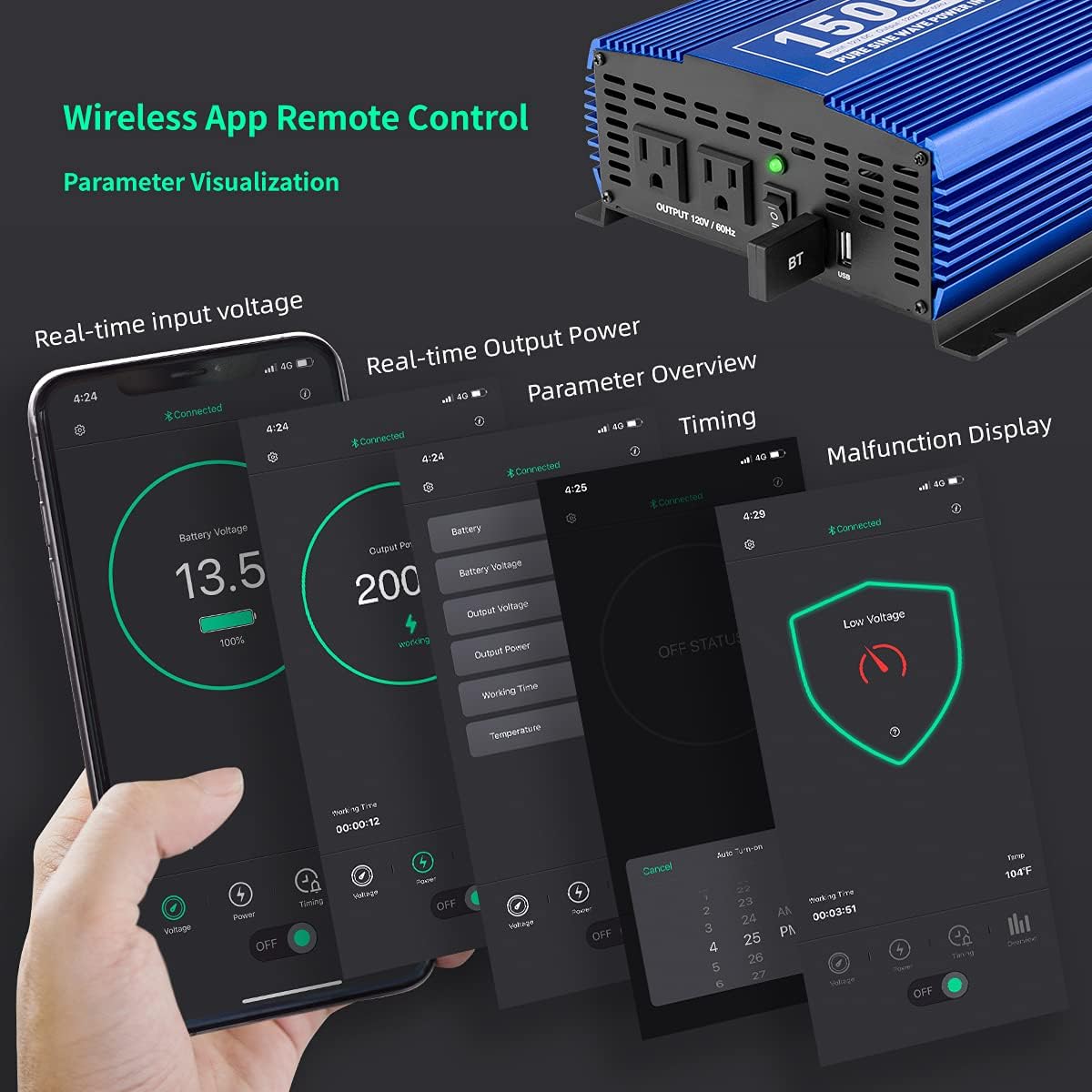 1500W Pure Sine Wave Power Inverter 12V DC to 110V AC with Bluetooth Q618566