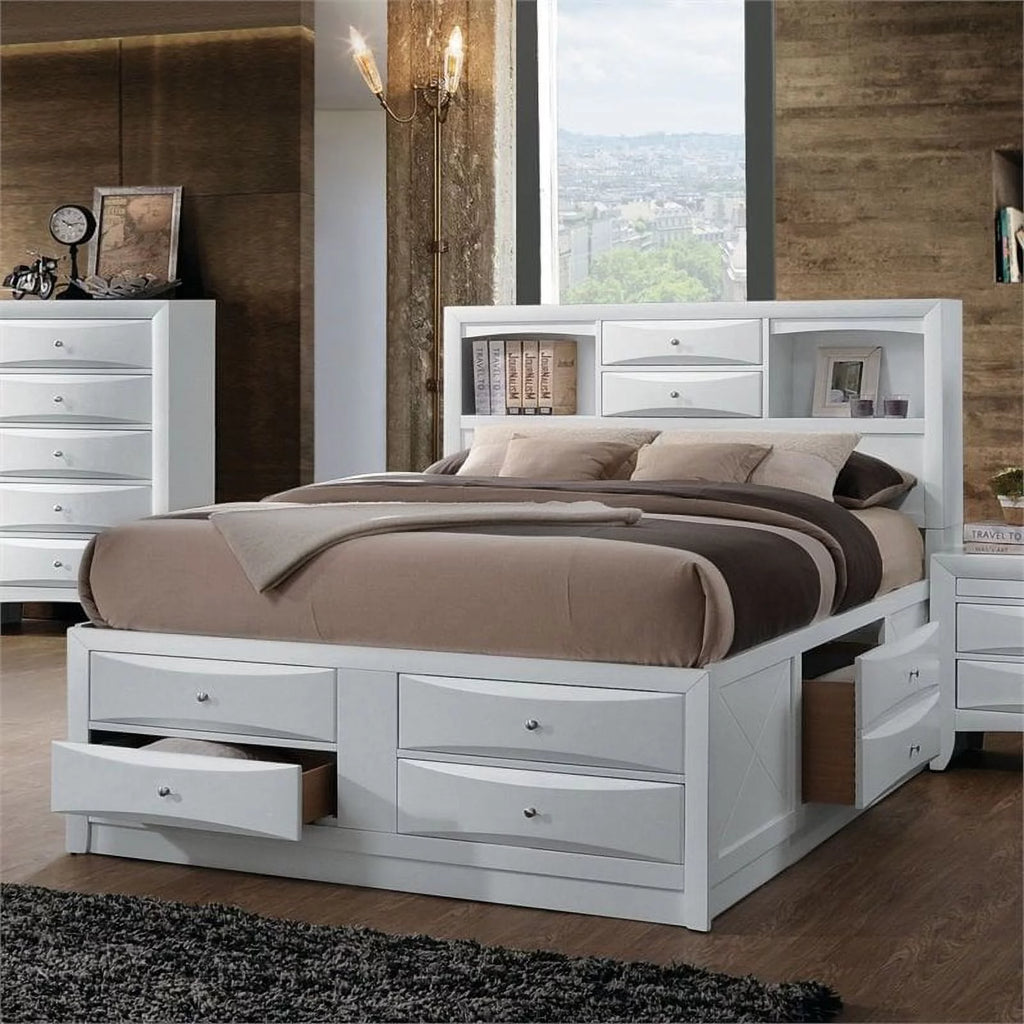 White Wood Queen Bed with Storage N198417