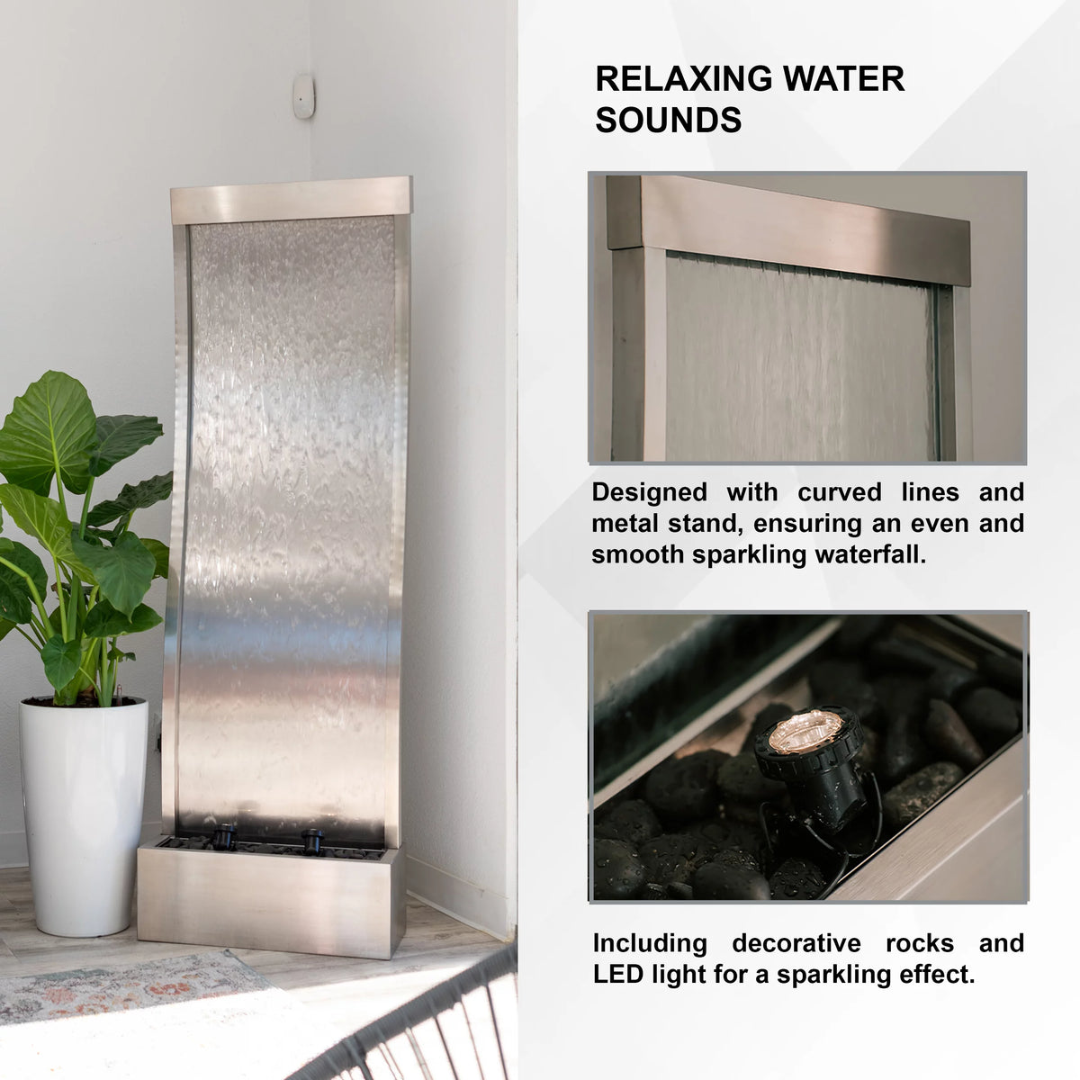 72" Steel Glass Mirror Fountain with Pump LED Lights and Rocks B570