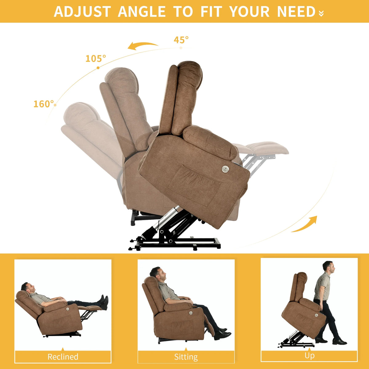 Brown Fabric Power Lift Recliner Chair with Massage and Heat M7888