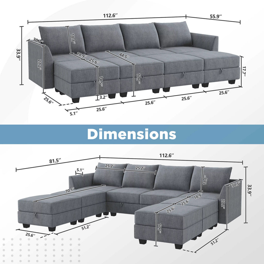 Bluish Grey Modular Sleeper Sectional Sofa Bed with Storage M45873