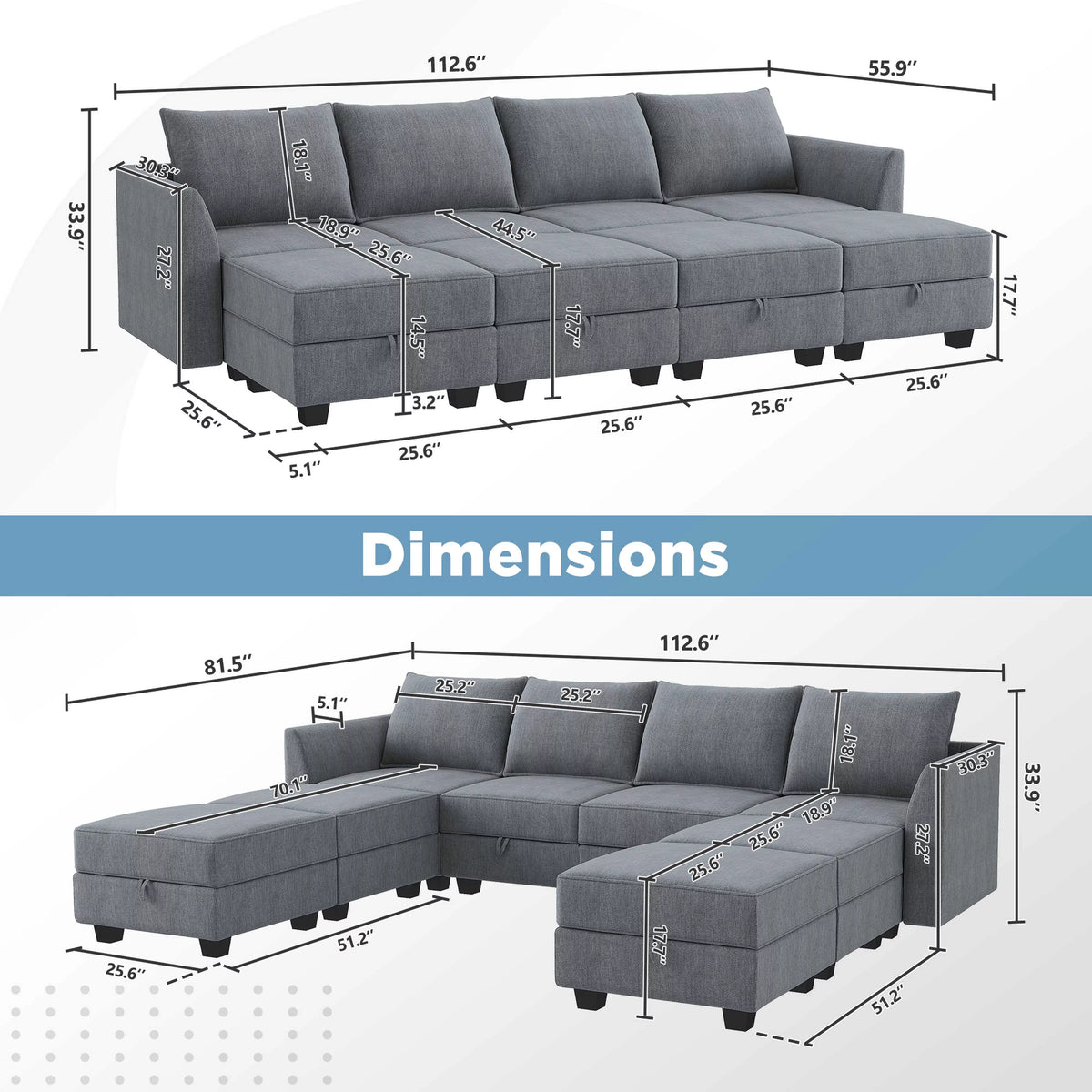 Bluish Grey Modular Sleeper Sectional Sofa Bed with Storage M45873