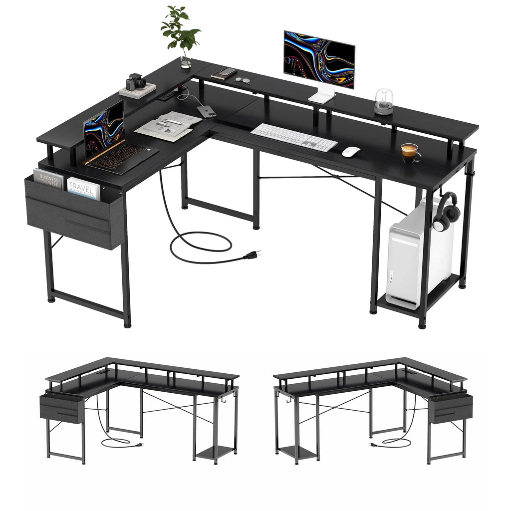 95” L-Shaped Computer Desk with LED Light and Power Outlet, Black F66282