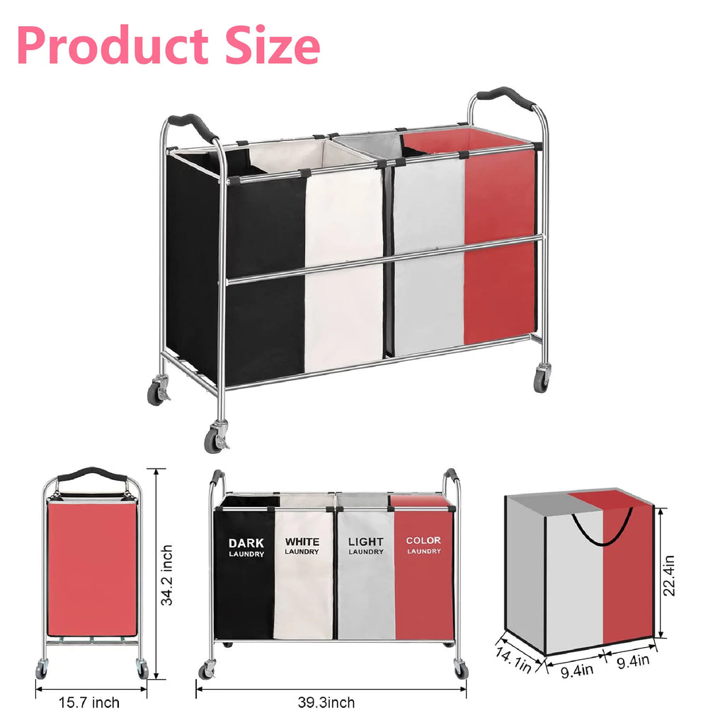 320L 4-Bag Laundry Hamper Sorter with Frame and Wheels O125746