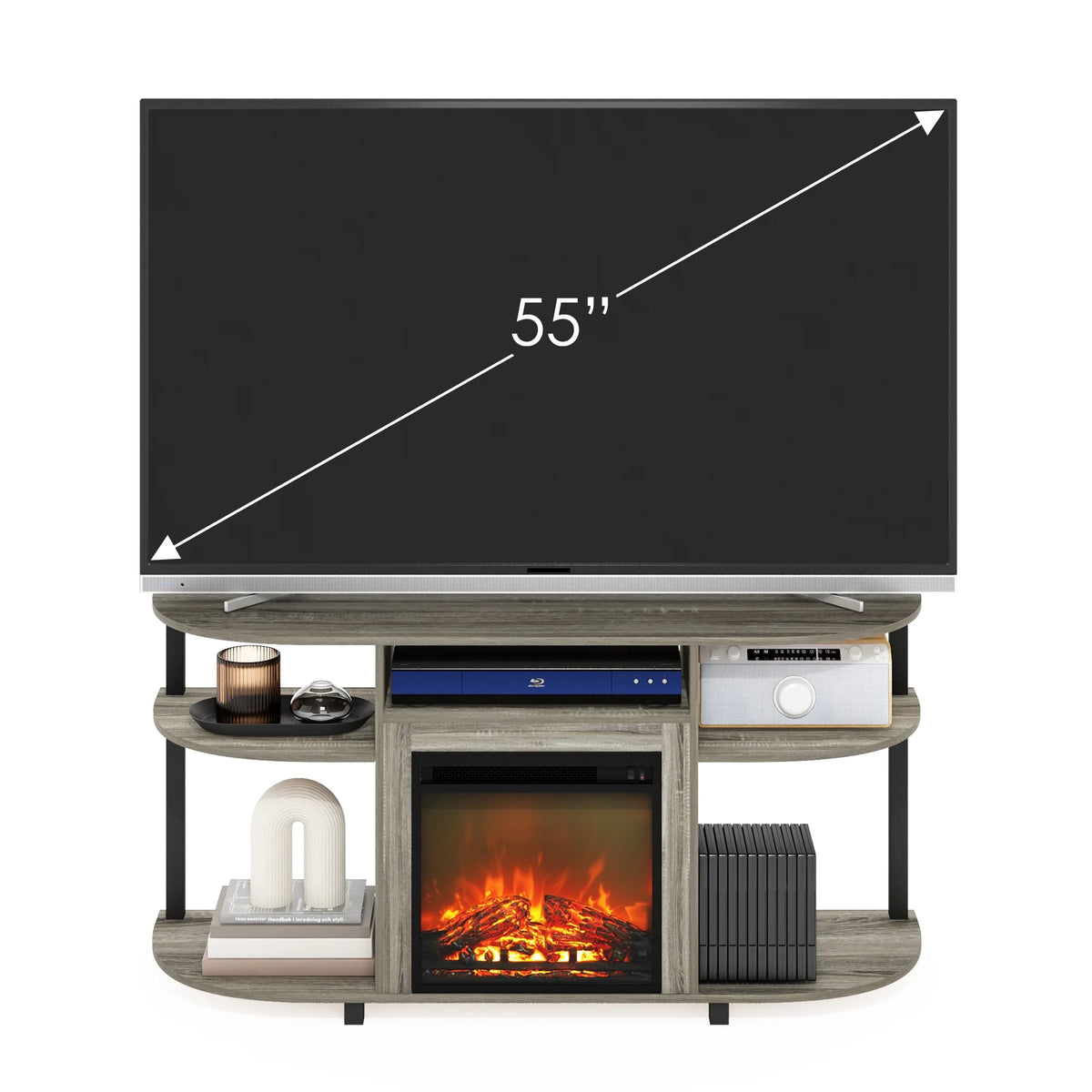 French Oak Grey Entertainment Center Stand with Fireplace for TV up to 55 Inch I527799