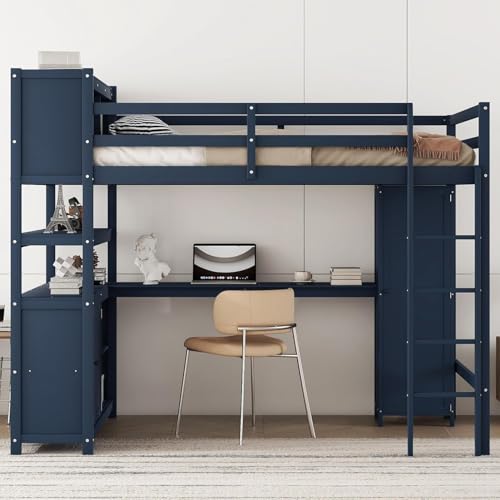 Full Loft Bed with Desk, Wardrobe, Bookshelf & Storage, Dark Blue, Wood Q999913