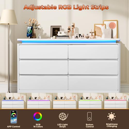 Black 6 Drawer Wood Dresser with Charging Station Q2559